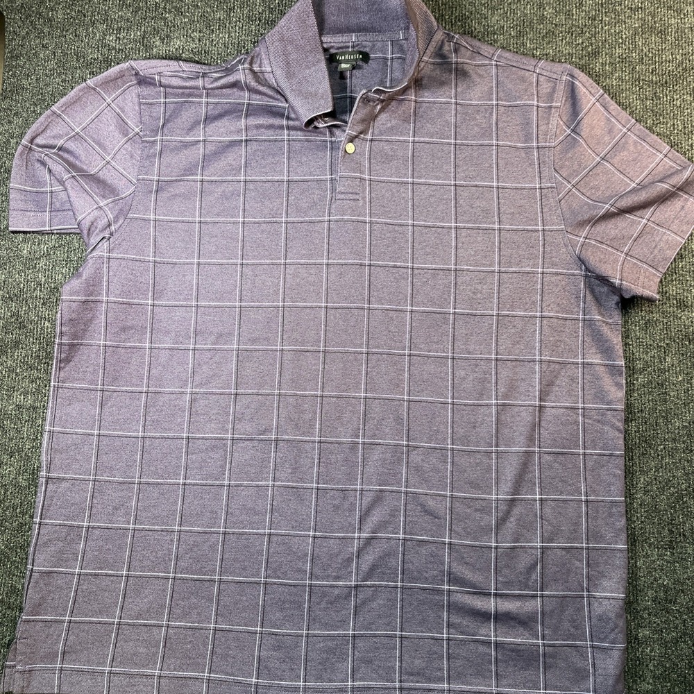 Van Heusen Mens XL Polo Shirt Short Sleeve Purple Grey Windowpane Grid Pique
